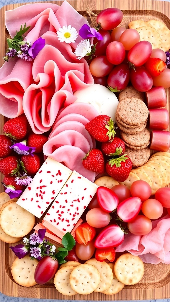 A pink charcuterie board featuring prosciutto, pink cheese, strawberries, grapes, and pickled radishes, garnished with flowers.